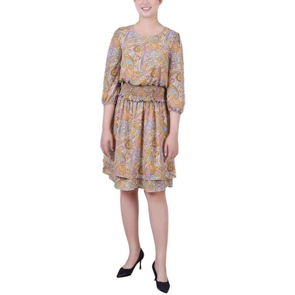 NY Collection Petite Size 34 Sleeve Dobby Smocked Waist Dress